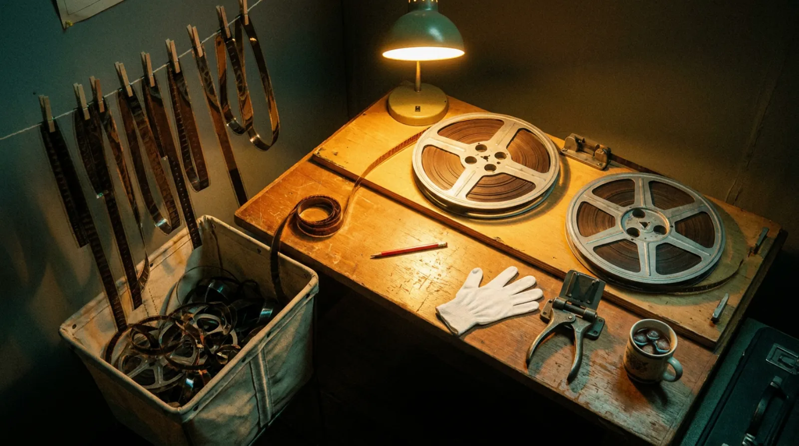 A vintage film cutting room seen from above: a wooden editing table with two metal film reels, strips of film hanging from clips over a canvas trim bin, a red grease pencil, a white cotton glove, a metal splicer, a desk lamp and a mug of coffee.