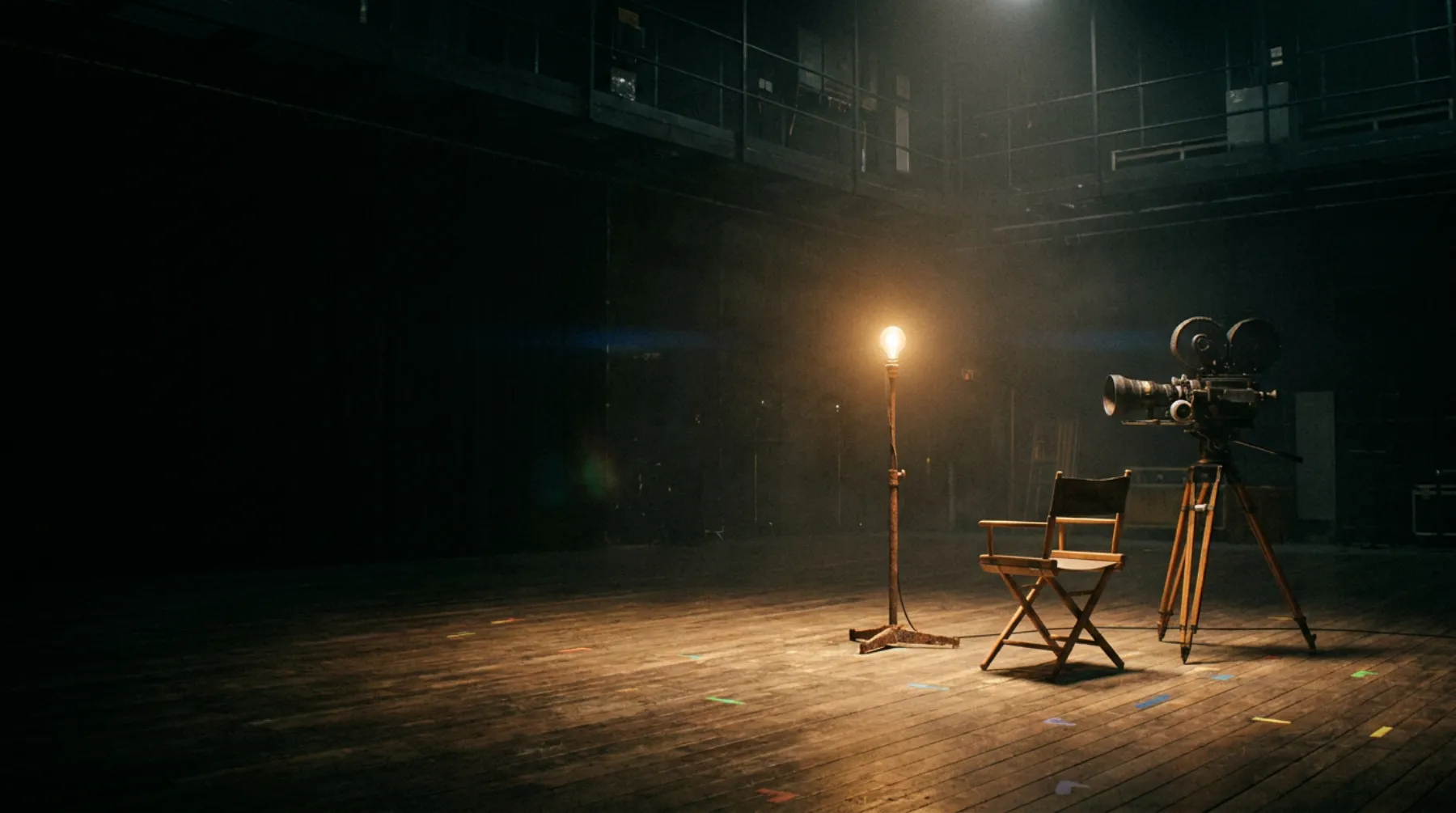 An empty soundstage at night. A single bare bulb on a stand, the ghost light, glows in the middle of a worn wooden floor beside an empty director's chair and a vintage film camera on a wooden tripod. Colored tape marks dot the floor.